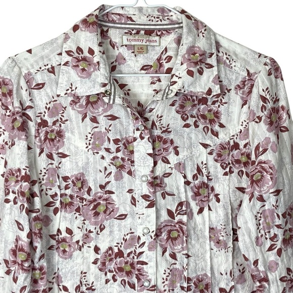 Rare Vintage Y2K Tommy Jeans Floral Country Western Pearl Snap Blouse Sz Large - Picture 3 of 10